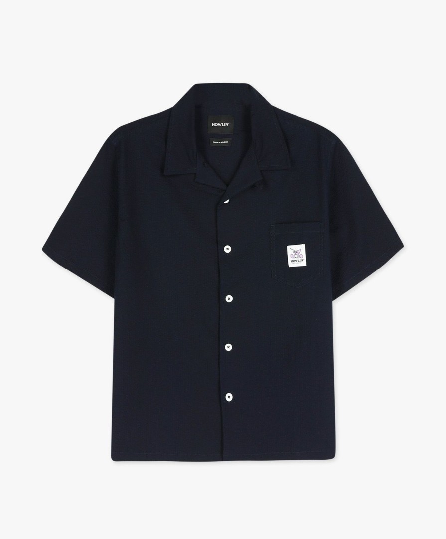 Men Howlin' | Cocktail Shirt With Music Note - Navy Japanese Seersucker