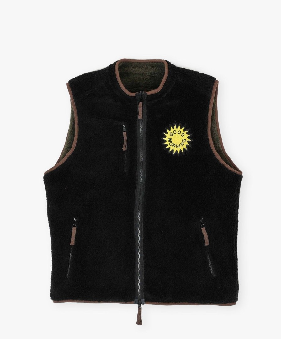 Men Good Morning Tapes | Reversible Polar Fleece Zip Vest - Moss / Acid Black